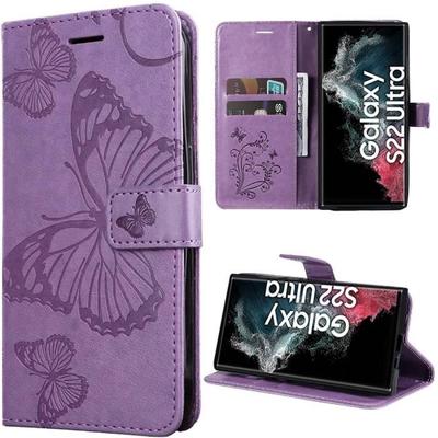 Hülle - BOOLING - für Samsung Galaxy S22 Ultra - Synthetisches Leder - Lila - Schmetterlingsmuster