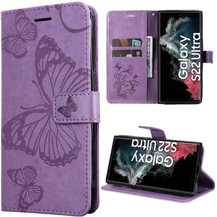Coque - BOOLING - pour Samsung Galaxy S22 Ultra - Cuir Synthétique - Violet - Motif Papillon
