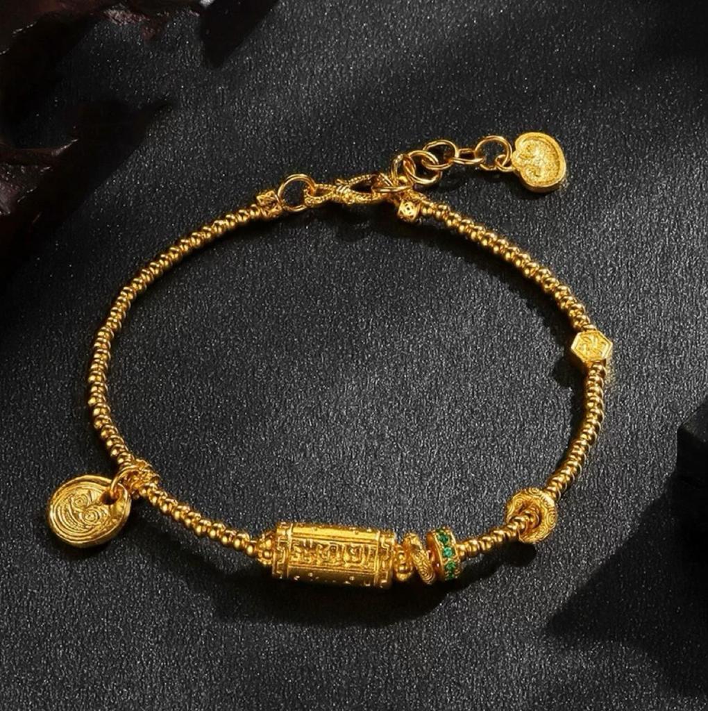 Lucky Goddess Gold-Color Ethnic Bracelet with Engraved Barrel Beads and Tibetan Rope.