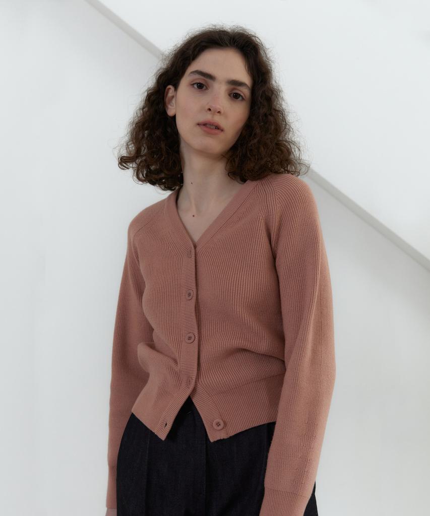 38Comeoncommon 21S V-Neck Line Ribbed Cardigan (Flamingo)
