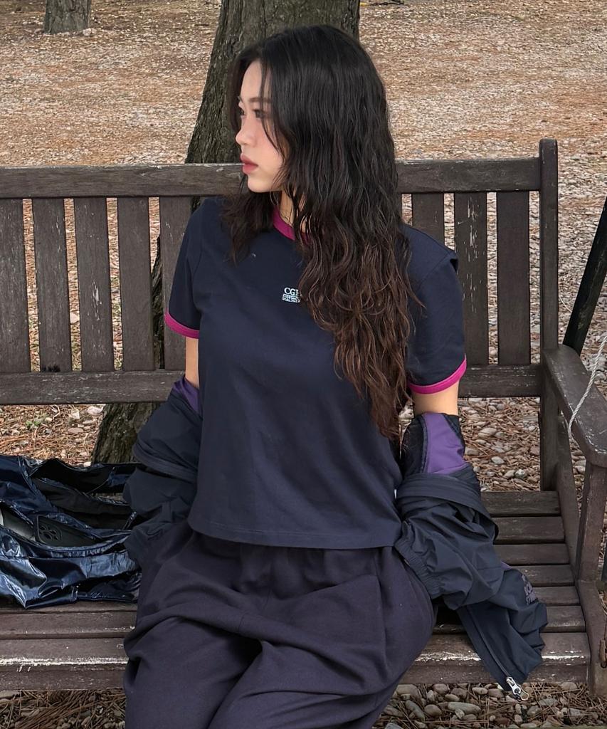 CGP (Women) Small Square Embroidered Logo Ringer Short Sleeve T-Shirt - Dark Navy