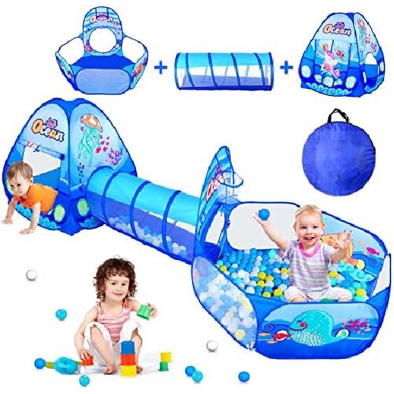 PigPigPen 3 in 1 Kids Play Tent with Tunnel, Ball Pit, Basketball Hoop for Boys & Girls, Toddler Pop Up Playhouse Toy Baby Indoor/Outdoor, Gift Year 3 In 1 Kids Play Tent