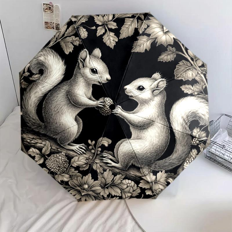 Squirrel pattern, automatic folding umbrella, portable and foldable design, 8 ribs, a Christmas or birthday gift.
