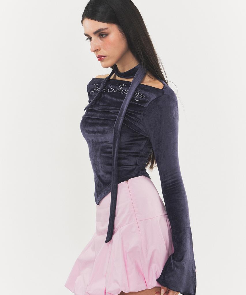 RAWMANTICS Shine Velvet Drape Cubic Scarf Top Navy