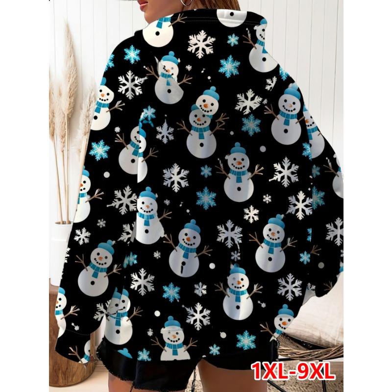 Women's Christmas Zippered Hooded Sweatshirt with Fun Snowman and Snowflakes Printed Coat