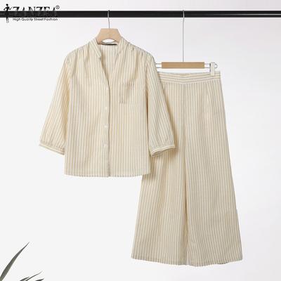 Women 3/4 Sleeve Blouse and Pants Casual Stripe Print Two Piece Suit Sets