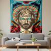 Fiery-eyed figure with a halo of bullets, guns, and rose accents. Patterned tapestry for bedroom and living room home decor
