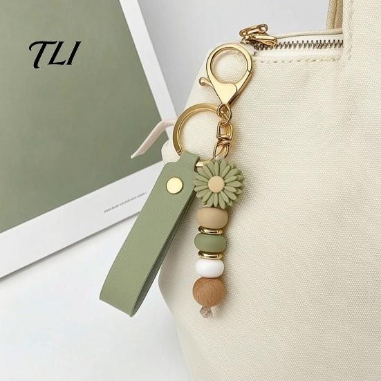Anti Oxidation Metal Keychain Silicone Flower with Faux Leather Wristlet, Car Key Holder Ring Pendant, Handbag Backpack Charm Wood Beads Aesthetic