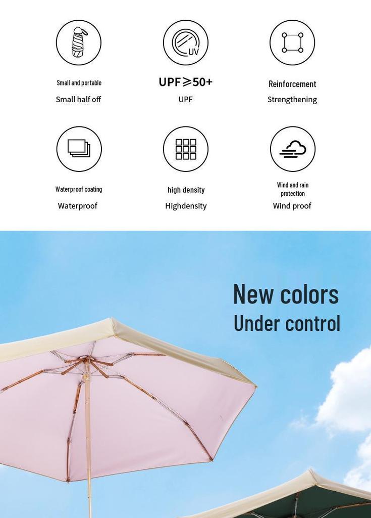 Compact Gold Umbrella: Ultra-light 6-Rib Folding Dual-use for Sun and Rain Protection