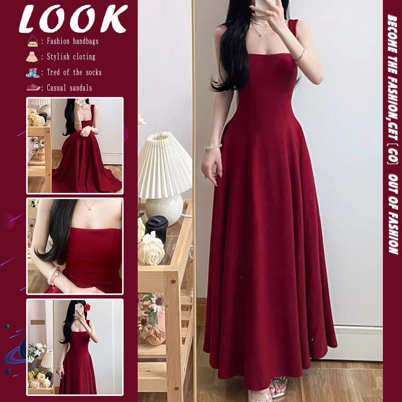 French pure desire style sexy red suspender dress women s summer new design waist niche long dress S [excellent quality]
