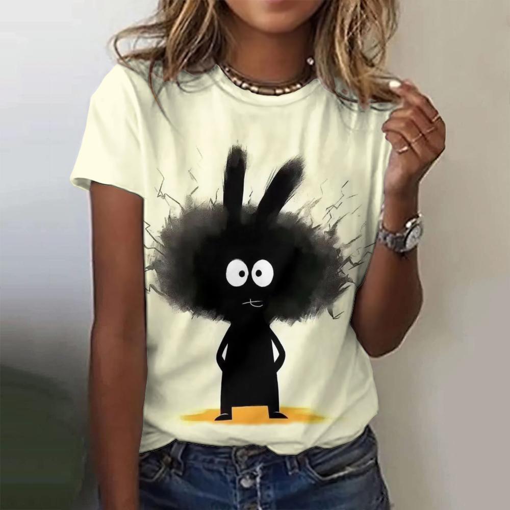 Summer Round Neck Loose Top 3d Printed Cartoon Pattern T-Shirt Fashionable Street Casual Women's White T-Shirt2024