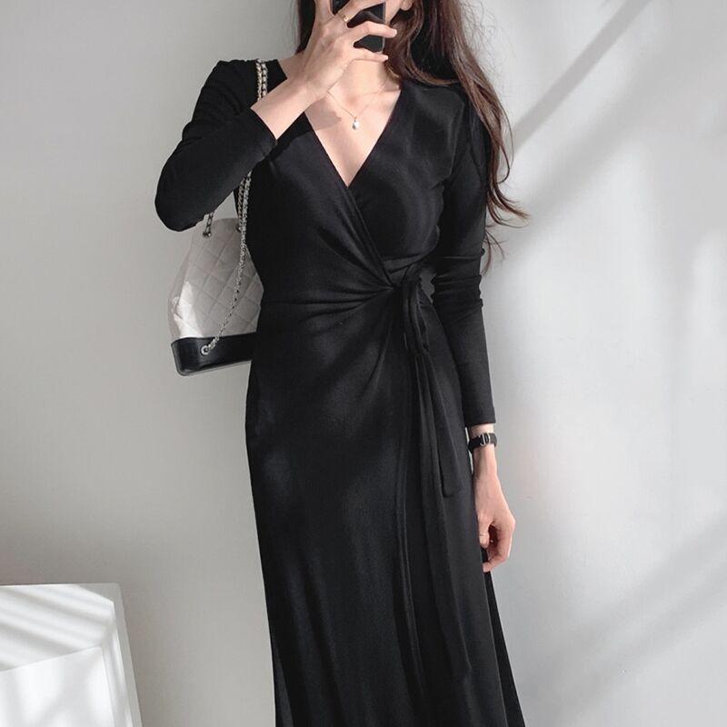 Frühling Neu Langarm V-Ausschnitt Slim Elegant Kleid Damenmode Temperament Sexy Party Damen Freizeitkleider Mode Gebunden Gewickelt Langes Kleid 25991