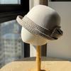 Korean Fashion Bow Thousand Bird Grid Basin Hat Autumn and Winter Top Hat Ladies Elegant Casual Warm Woolen Bucket Hat
