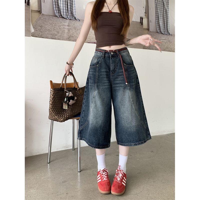 

Kumikumi American Retro Worn Looking Washed-out Blue Denim Women s Autumn Slimming All-Match Wide Leg Pants Cropped Pants Blue XL