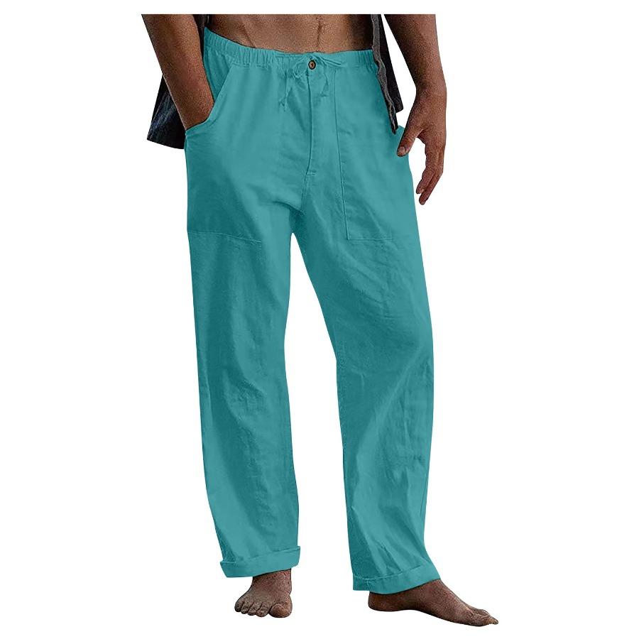 Men's Linen Pants Yoga Beach Loose Casual Summer Long Pants Men Drawstring Waist Loose Belt Pocket Trousers