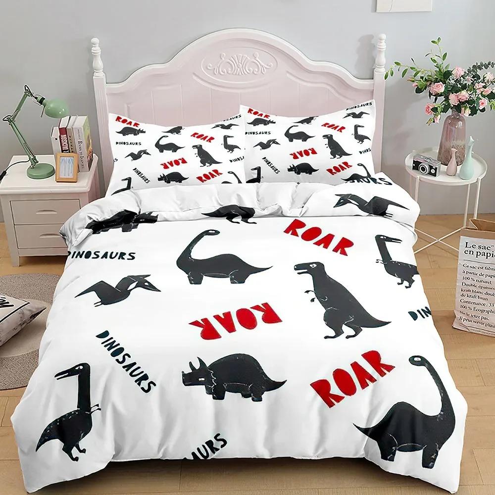 Kids Cartoon Dinosaur Bedding Set KingQueenFull Size Cute Animal World Duvet Cover Orange Yellow Polyester