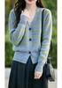 Women's V-Neck Color-Block Wool Cardigan: Autumn/Winter Fashion, Loose Short Cashmere Coat, Skin-Friendly, Warm.