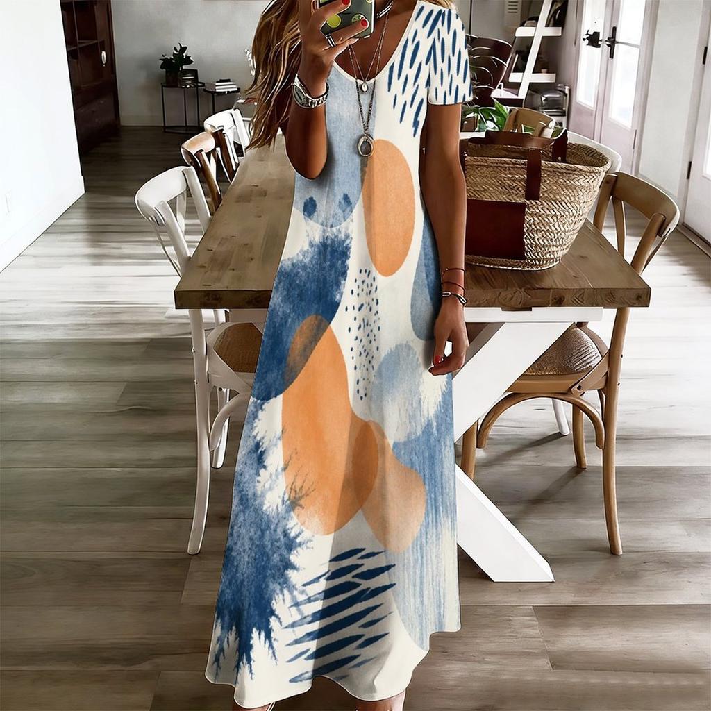 Women Plus Size V Neck Short Sleeve Printed Straight Long Dress
