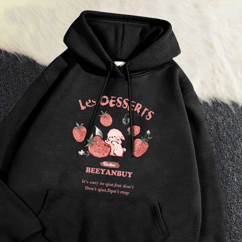 Cute Strawberry And Rabbit Printed Sweatshirt Pocket Soft Warm Breathable Pullover Autumn Winter Hoody