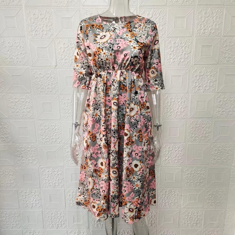Rochie de damă cu imprimeu floral la modă, mărime mare, buzunar de vară, vintage, lejer, rochii casual pentru femei, elegantă, simplă, cu gât rotund, rochie de damă de birou 24258