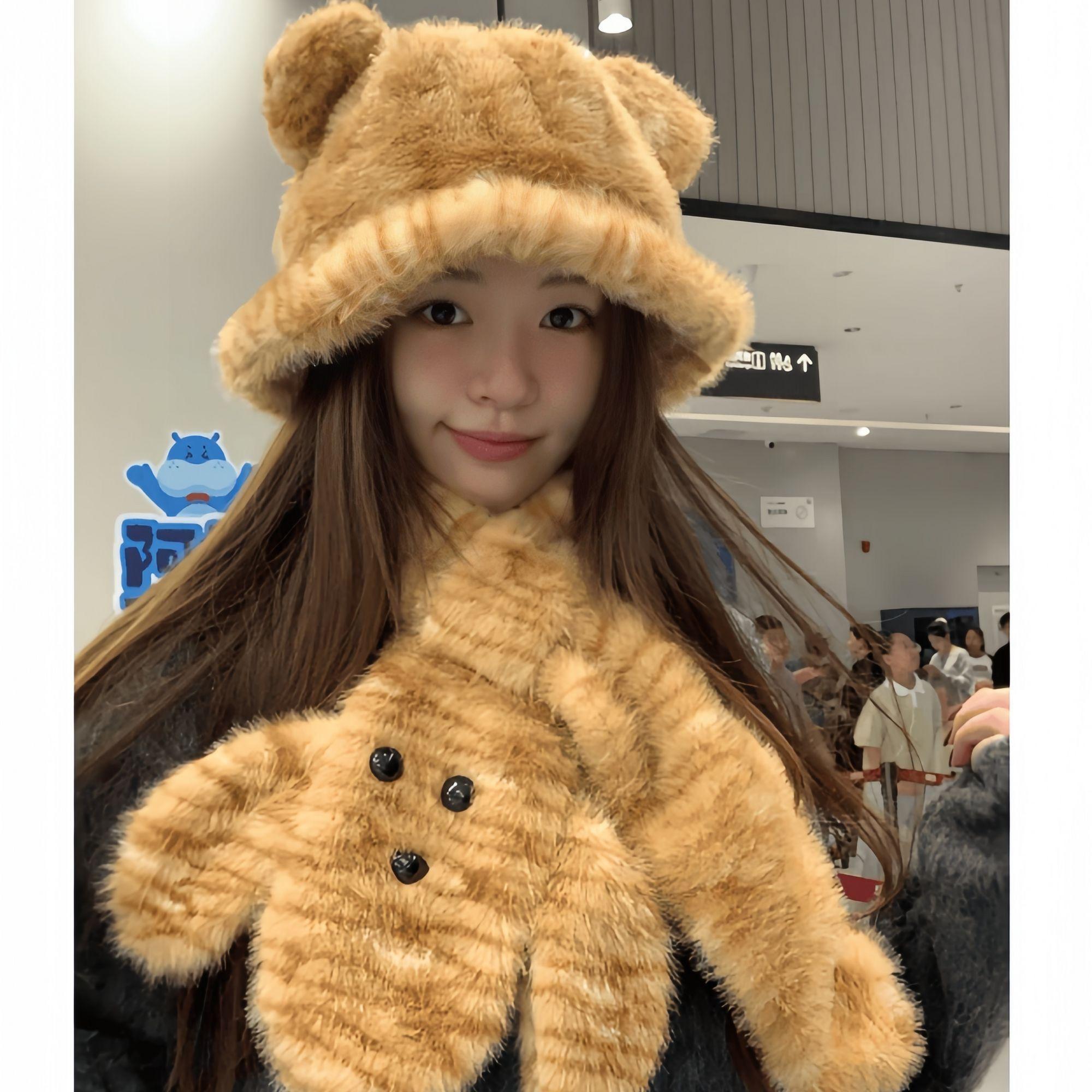 

Tiger Patterned Plush Women s Scarf Little Bear Ears Warm Cute Hooded Scarves Cold Resistant Autumn Winter Woman Accessories onesize Hat and scarf
