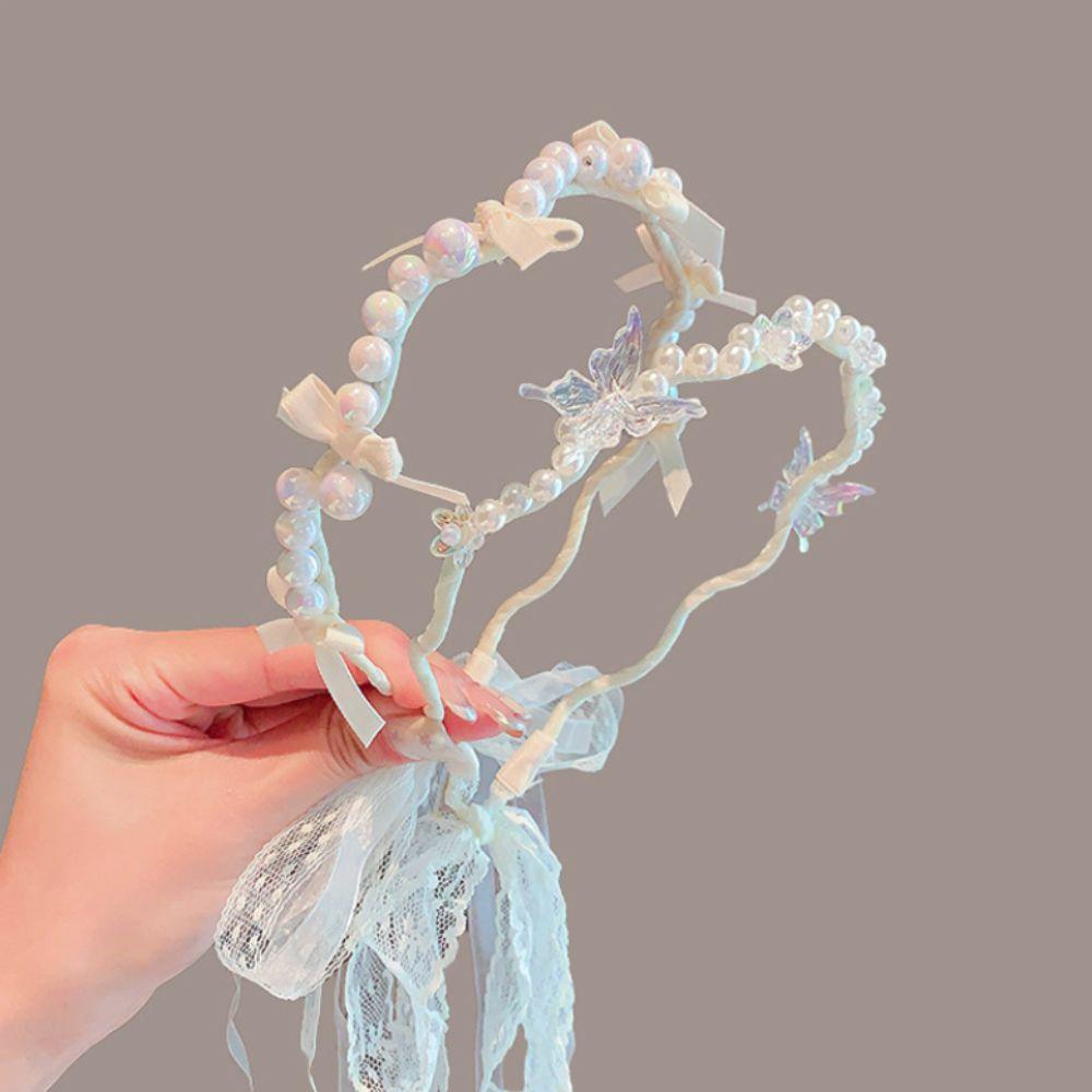 Bílý princeznovský vlasový obruč Roztomilá dětská čelenka Elegantní perlová mašle Vlasové pásky pro děti