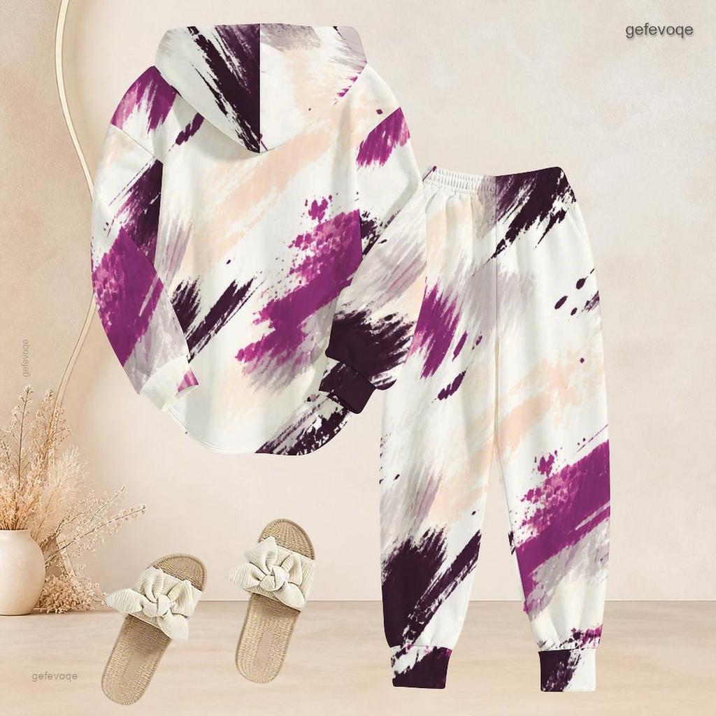 Women Plus Size Blue Printed Two Piece Pants Set Hooded Long Sleeve Top Cuffed Pants