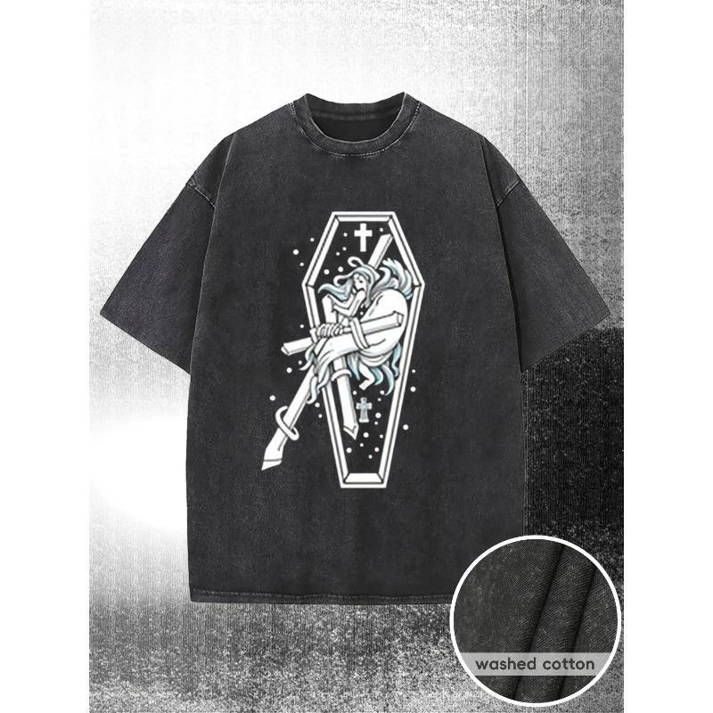 

European sizes Men s T-Shirt, Skull Coffin Print, High-quality Wax Printed Cotton, with a Certain Thickness Suitable for Summer T-shirts, Outdoor S чёрный