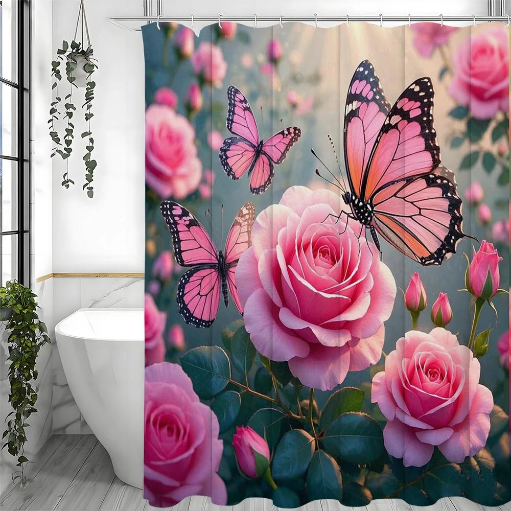 Różowa Zasłona Prysznicowa z Motylem, Dekoracyjna Zasłona Prysznicowa do Łazienki, Wodoodporna Zasłona Prysznicowa z Haczykami