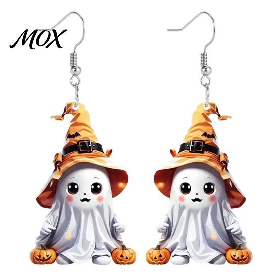 Soft Wizard Hat Earrings 1 Pair Halloween Cute Ghost Earrings, Acrylic Dangle with Witch Holiday Themed Jewelry Pumpkin Bat, Anti-Rust Metal A