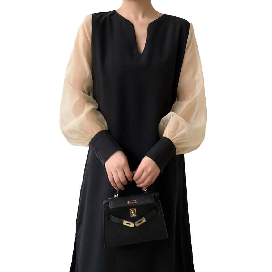 

Maxi Loose Slimming Simple Office Brown [JINJUDUO] Women s Long-Sleeved Dress, Fit, Thin, Stretchy, Effect, Design, Casual, Wear,