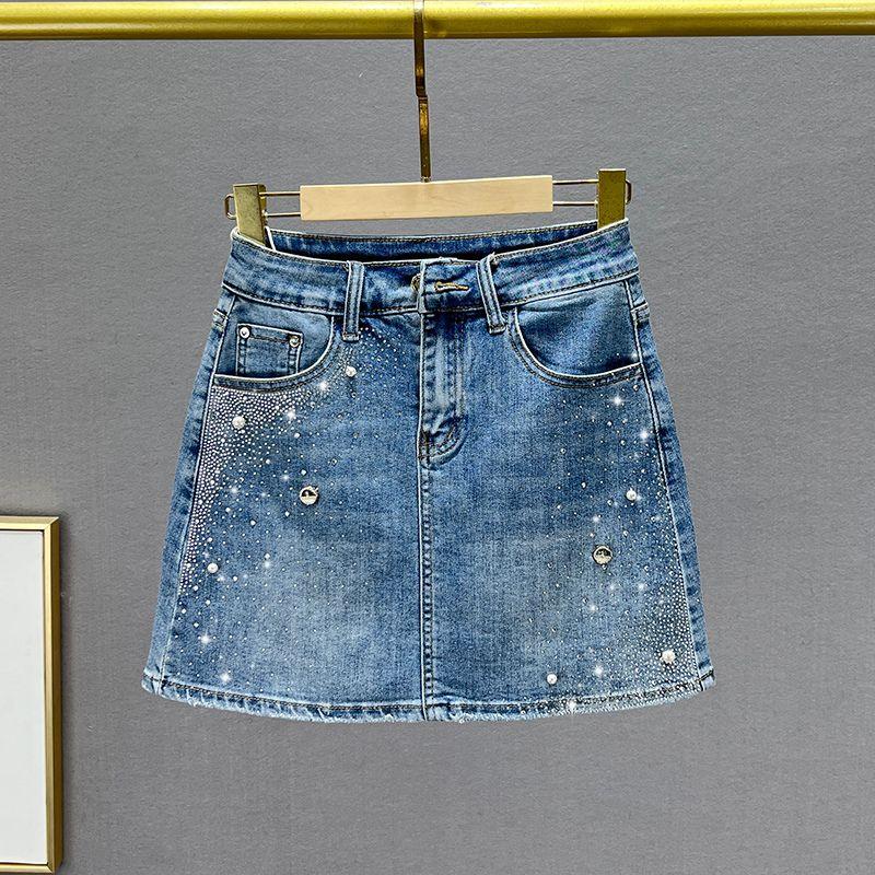 

Джинсовая юбка лето европейские товары горячая приклейка модная тесьма с бисером Light blue S