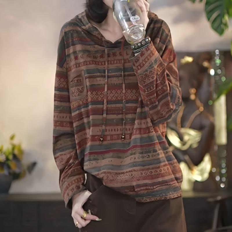 Moda Otoño e Invierno Retro Suelto Casual Versátil Sudadera con Capucha Estampada de Manga Larga Tops de Mujer