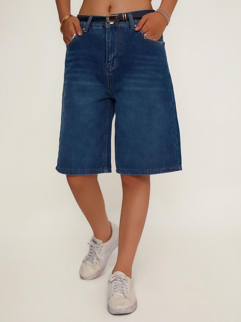 Puffanpop Women's High Waisted Non-Stretch Denim Bermuda Shorts - Dark Wash Wide Leg Loose Fit Casual Summer Shorts