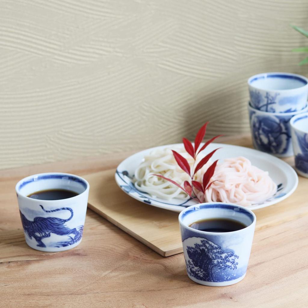 Dolce Duo Mino Ware Soba Choko Mentsuyu with Picture Gift 200ml Set of 5 Cups, Multi-Purpose Cups, (Noodle Soup) Design, Boxed, Capacity, (DS-5049)