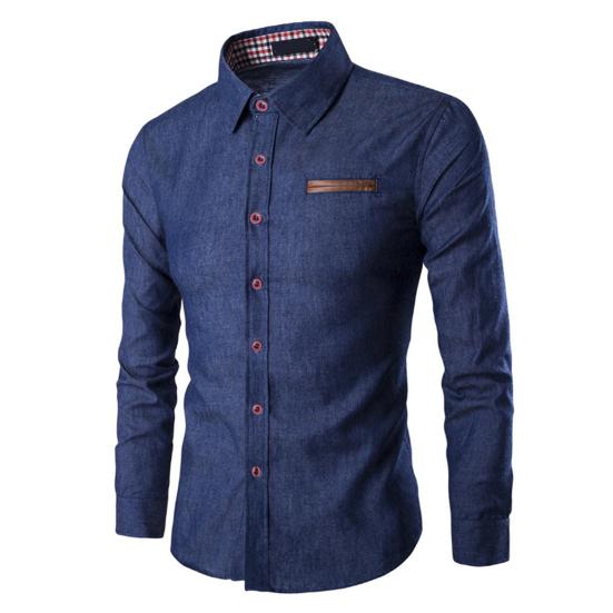 

Men Solid Color Long Sleeve Jeans Shirts Breathable Casual Denim Top for Work M темно-синий