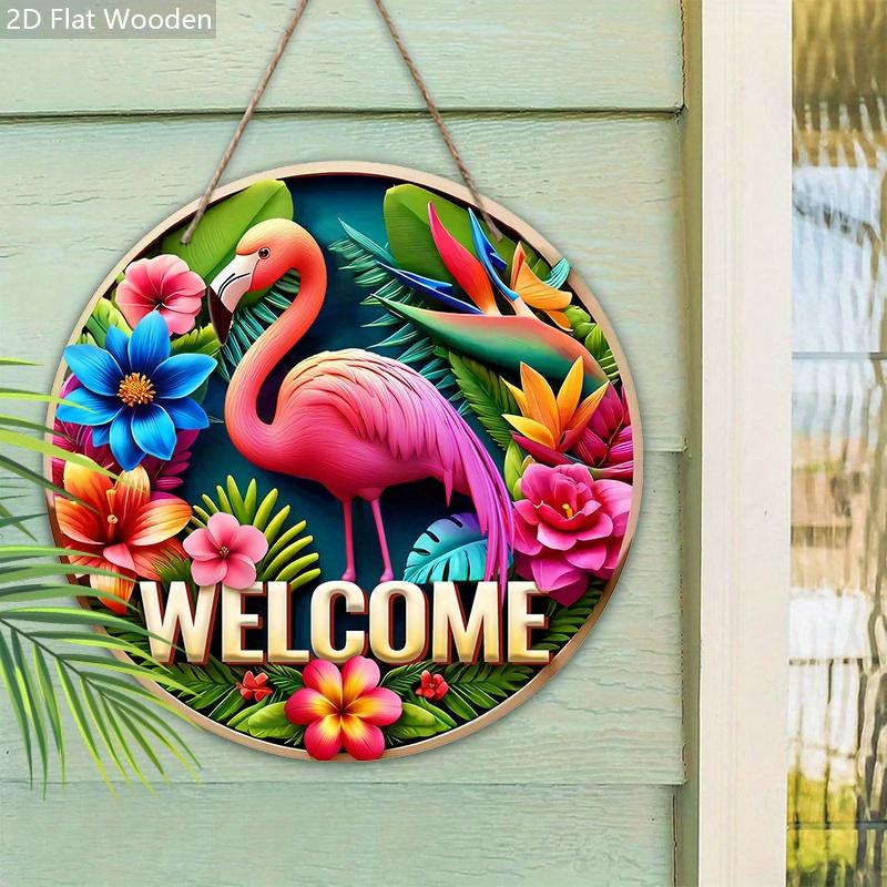 Charming Wooden Welcome Sign with Flamingo Pattern - Rustic Decorative Plaque for Porch & Garden - Ideal for Summer Home Decor