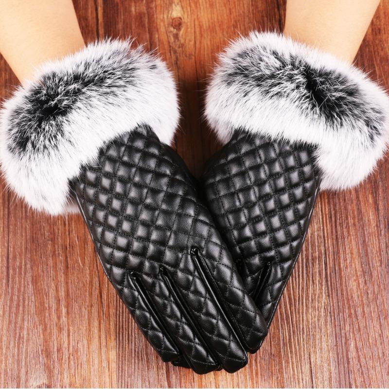 Warm gloves women pu leather gloves rabbit fur mouth touch screen cute driving cold velvet autumn and winter gloves