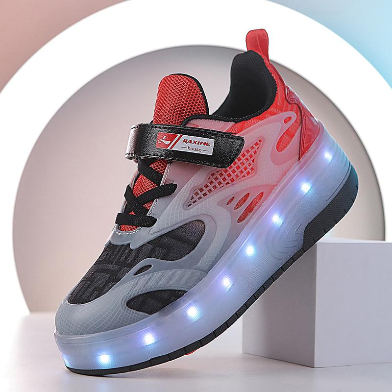 Boys Lights Sports Shoes Rubbing Shoes Charging /Disassembling Tow Wheels Slide Shoes LED Kids Glowing Sneakers