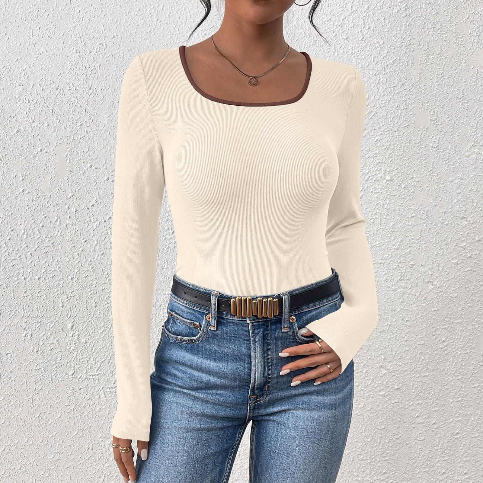 

Женские топы с длинным рукавом и круглым вырезом, облегающие трикотажные футболки в рубчик, рубашка с цветными блоками XL бежевый
