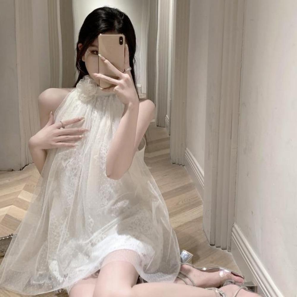 Super Fairy Camellia Lace Halterneck Sleeveless Off-shoulder Loose Sweet Age-reducing Dress Sexy Pure Desire Socialite Short Skirt