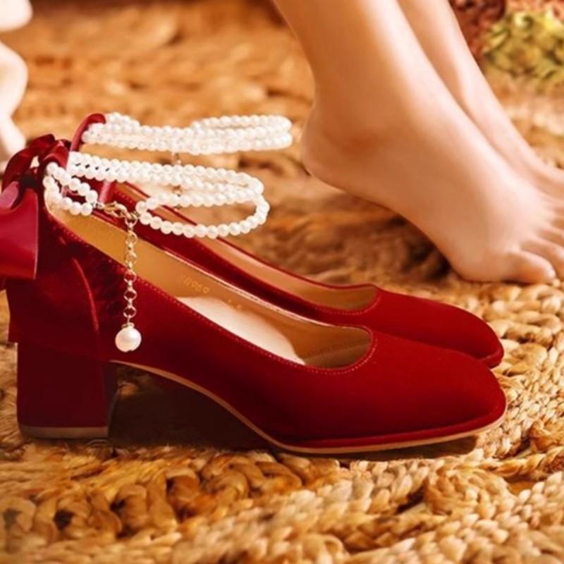 Mary Jane Shoes Spring Elegant Pearl Chain Low Heel With Buckle For Everyday Wear