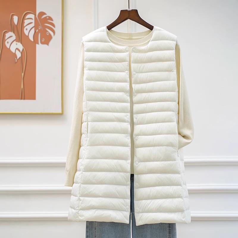 

Light down vest women s medium and long round neck autumn and winter new waistcoat liner vest variable V-neck top XXXL слонова кістка