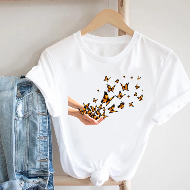 T-shirt Top Imprimé Libellule Fleur pour Femme Vêtement Mode d'Été T-shirt Décontracté Manches Courtes pour Dame Femme T-shirt Graphique