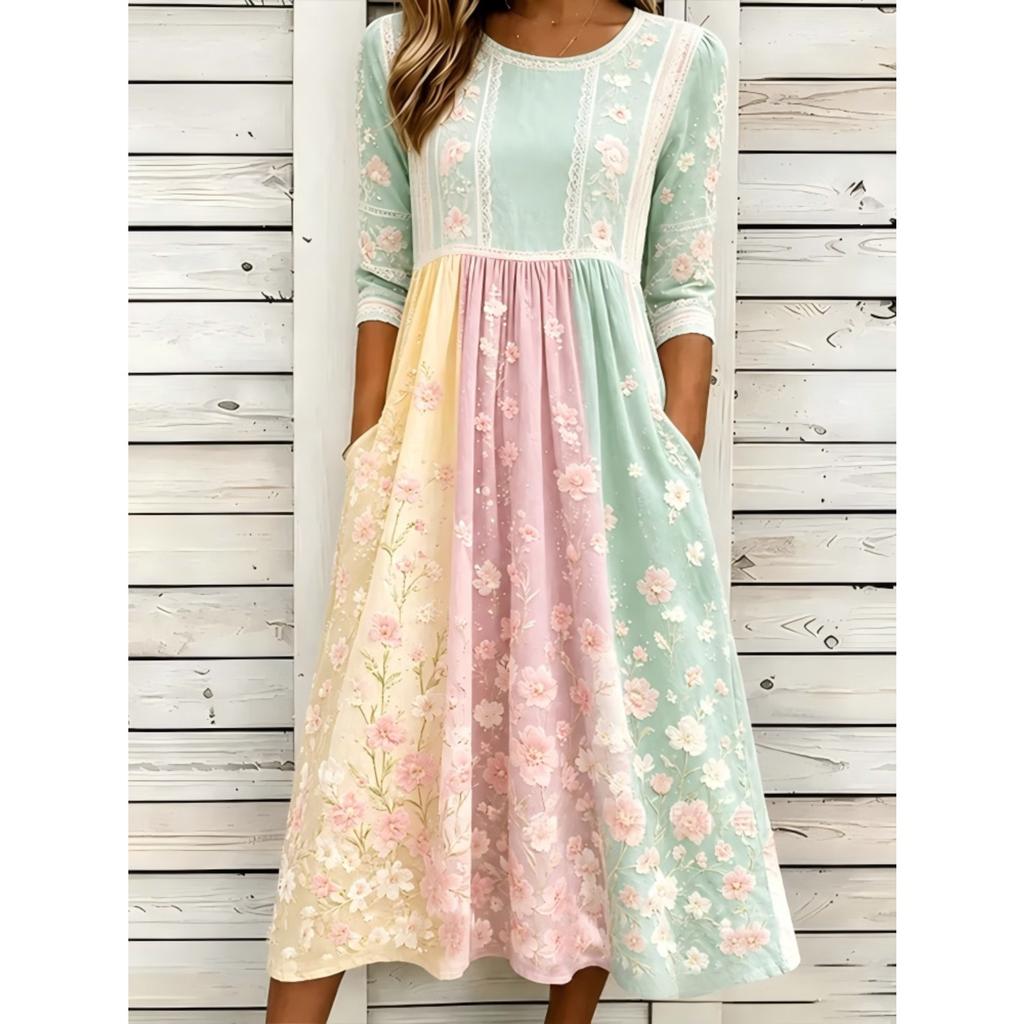 Women's Crew Neck Long Sleeve Loose Fit A-Line Midi Dress Casual 3D Floral Print