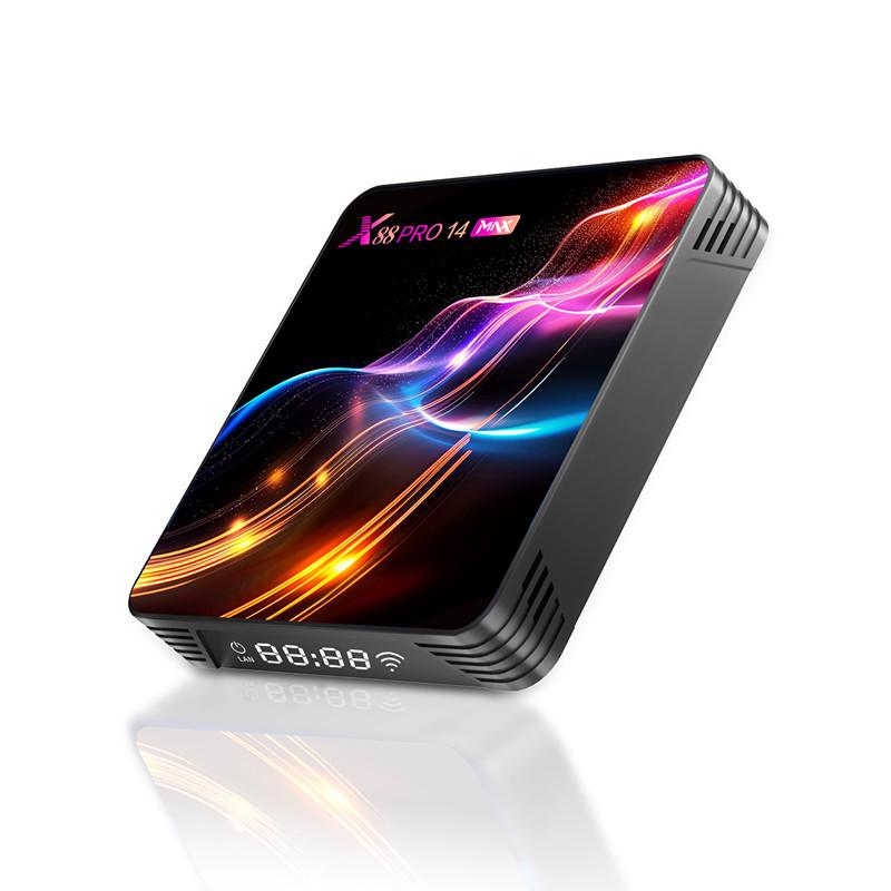 X88 Pro 14 Max Android TV Box: Android 13, RK3528, 4GB RAM, 32GB Storage, Dual Wi-Fi, Bluetooth.