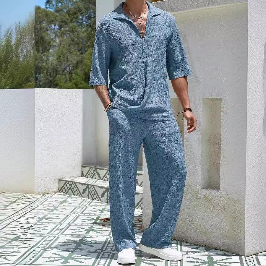 2024 Men's Casual Two-Piece Commuter Suit: Solid Short-Sleeve Shirt & Trousers