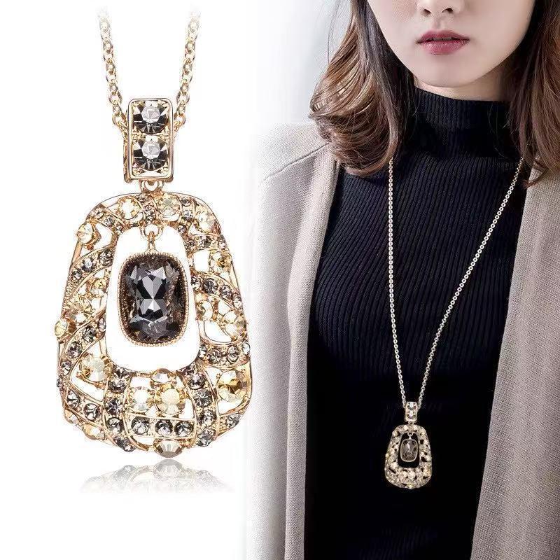 [HF]#1Pc Fashion Clothes Pendant Geometric Jewelry Vinatge Crystal Water Drop Sweater Long Necklaces For Women