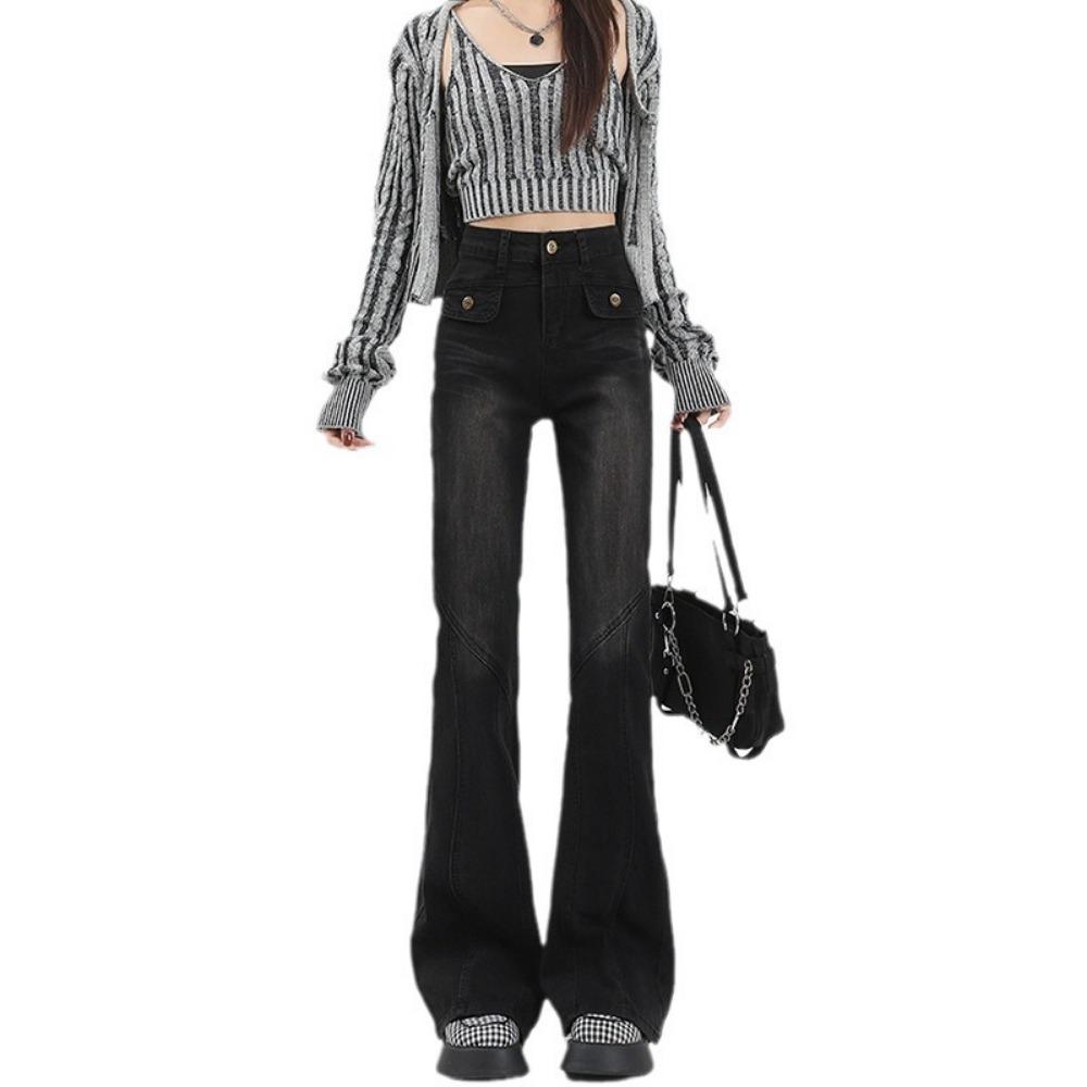 Autumn and Winter American Retro Horn Jeans Women's Clothing Tall Extended Horseshoe European and American Vibe Micro-pull Pants