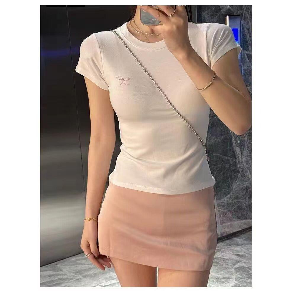 Summer Pure Desire Spice Girl Skinny Bow Embroidered Half Sleeve Top Women's Simple Temperament Fashion T-Shirt